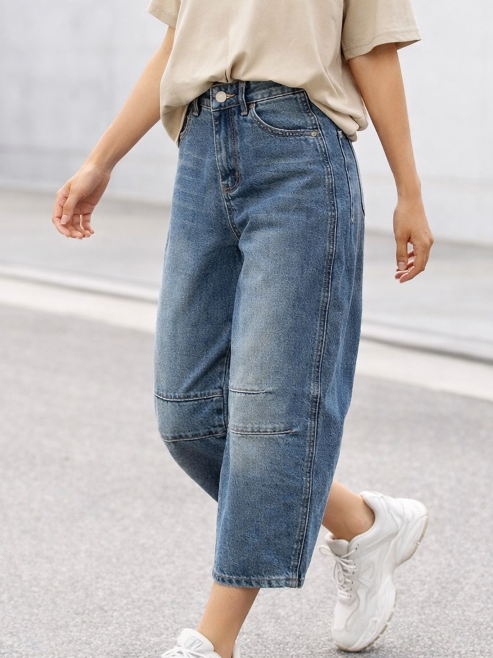 Y2K Barrel Leg Cropped Jeans High Rise Panel Seam Wide Denim